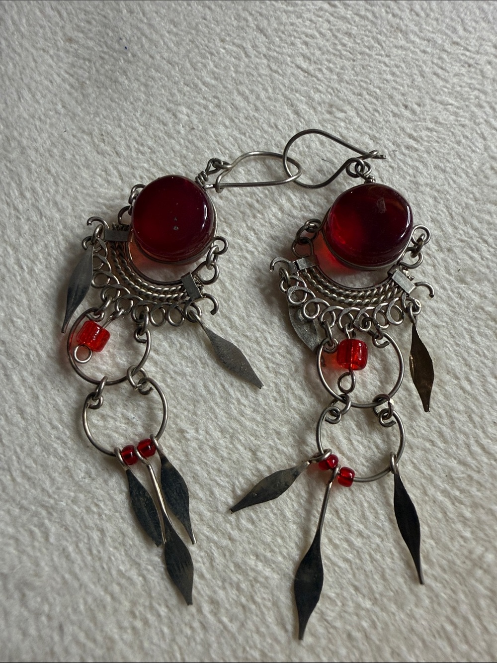 Red Glass Bead Dangle Earrings - Silver-Tone